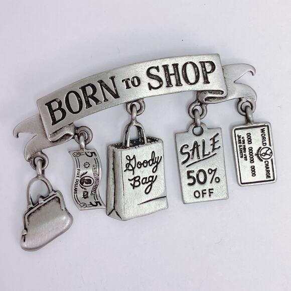 Vintage JJ Signed Pewter Born To Shop Brooch Whimsical & Funny Giftable Jewelry - Picture 7 of 10